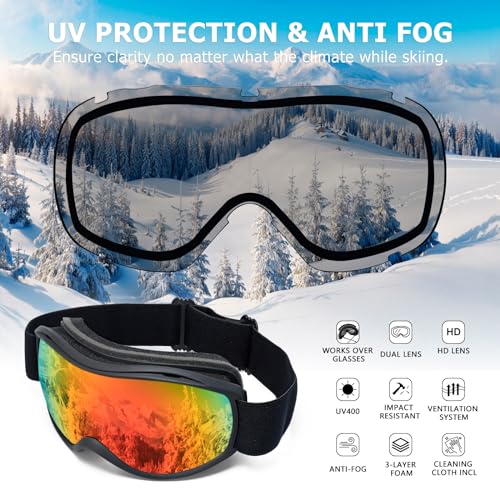 SPOSUNE OTG Ski Goggles Men Women, Over Glasses Anti Fog Snowboard Goggles, UV Protection Snow Goggles for Adult & Youth