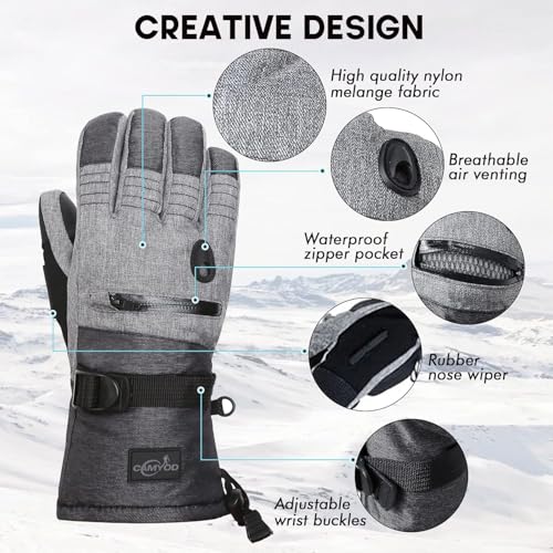 CAMYOD Waterproof Ski Snowboard Gloves with 3M Thinsulate,Zipper Pocket, Air Vent, Cold Weather Gloves for Men