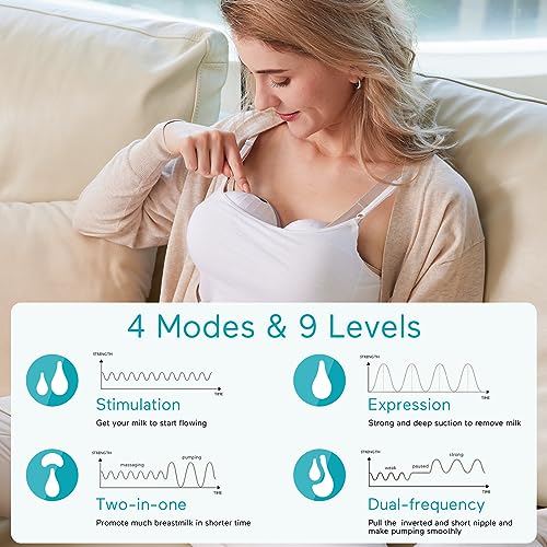 Paruu P10 Hands-Free Breast Pump Wearable, 338mmHg Strong Suction, Low Noise, 4 Modes & 9 Levels, Electric Breast Pump Por...
