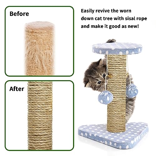Natural Sisal Rope 1/4 Inch by 49-Feet for Cat Scratching Post Tree Tower Replacement Repair and Replace, DIY Hemp Twine R...