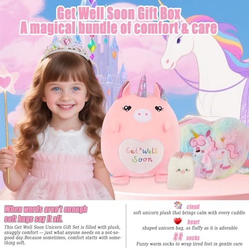 VUYUEN Get Well Soon Gift for Kids Girls, Feel Better Gifts for Kid, 12'' Get Well Soon Unicorn Plush Pillow, Cute Stuff f...