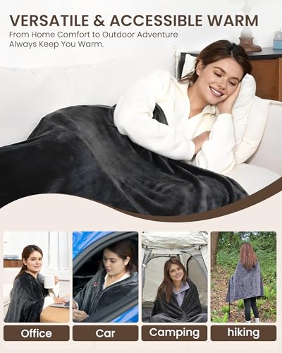 Cordless Heated Blanket with Hood, USB Battery Powered Heated Wearable Blanket with 9 Heating Zones, 20000 mAh Power Bank,...