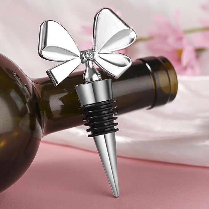 3 Pack Bowknot Wine Bottle Stoppers, Holiday Decor - zinc alloy Decorative Wine Stoppers - Wine Gift for Hostess - Cute Wine and Beverage Corker Bottle Sealers Women's Day gifts (Silver)