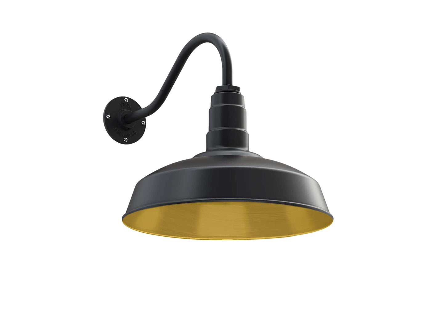 Steel Lighting Co. Gardena Barn Light - 16in Gooseneck, Matte Black with Brass Interior, Dusk to Dawn, Outdoor Wall Mounted
