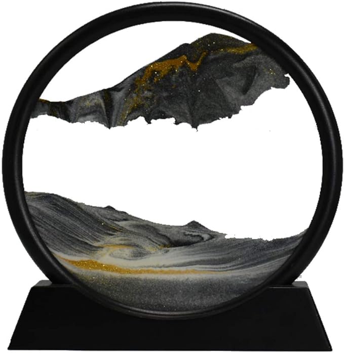 Aoderun Moving Sand Art Picture Round Glass 3D Deep Sea Sandscape in Motion Display Flowing Sand Frame Relaxing Desktop Home Office Work Decor (7", Black)