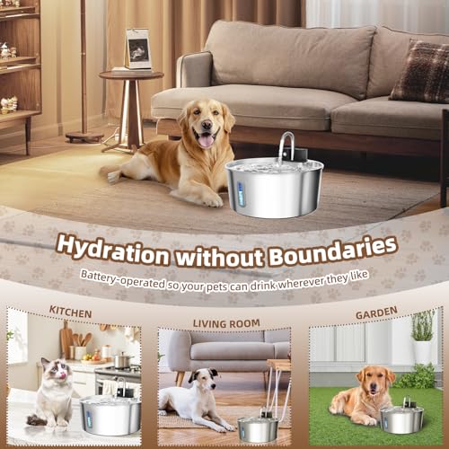 Dog Water Fountain for Large Dogs, 7L/1.8Gal 4200mAh Cordless Water Dispenser for Dogs, Stainless Steel Automatic Pet Wate...