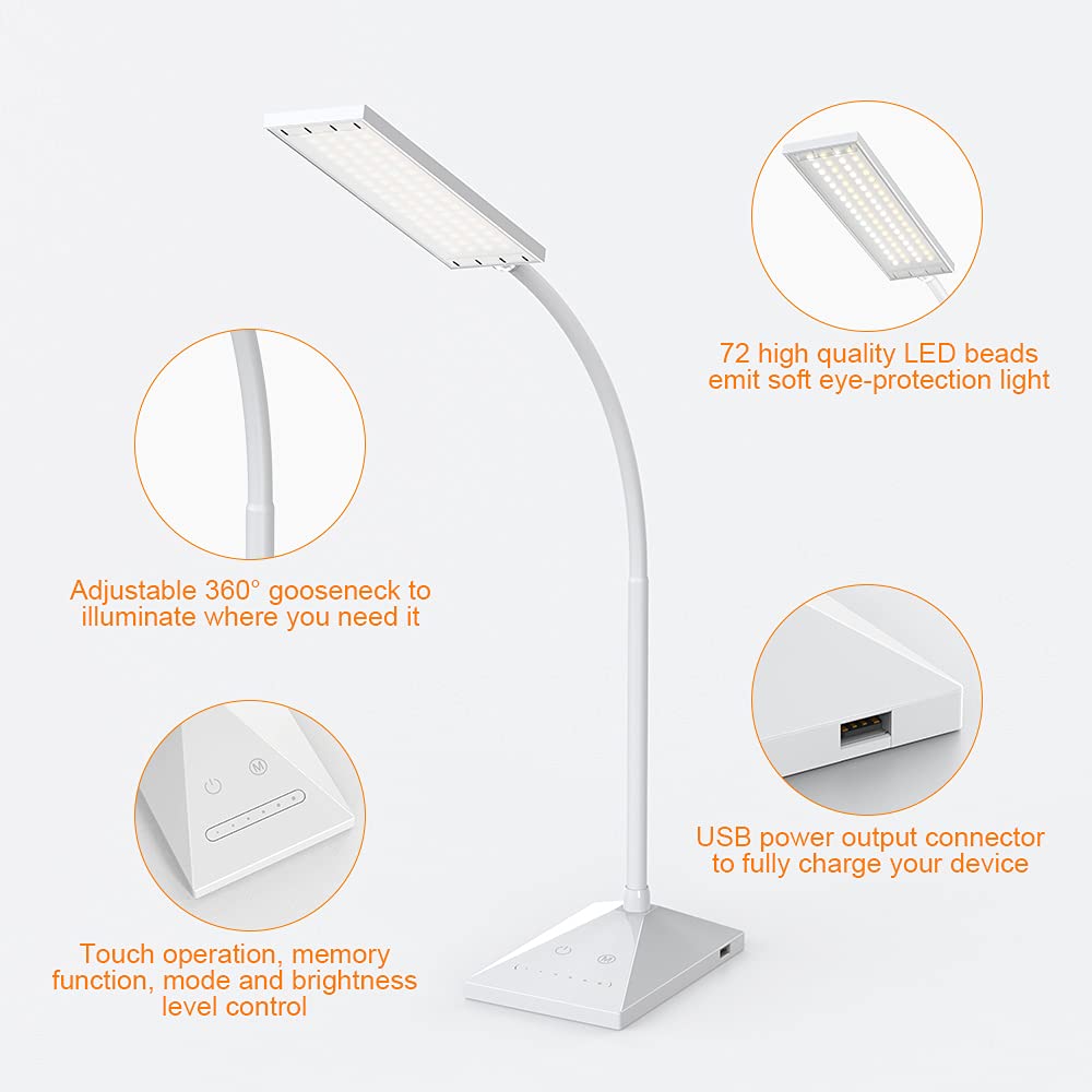 Vansuny LED Desk Lamp with USB Charging, 5 Color Modes, 6 Brightness Levels, Flexible Gooseneck, White