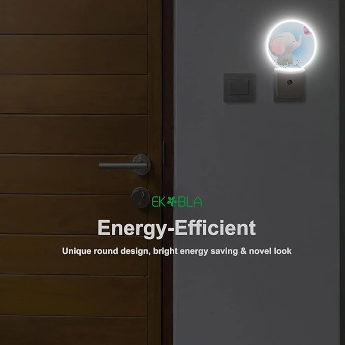 EKOBLA Watercolor Elephant Night Light Cute Little Elephant Play Butterfly Night Lights Plug into Wall with Dusk to Dawn Sensor Round LED Lamp for Girls Boys Nursery