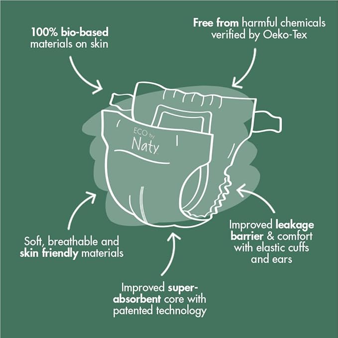 Eco by Naty Eco-Friendly Baby Diapers - 100% Plant-Based Materials on Skin, Soft, for Sensitive Skin & Super Absorbent (Size 5, 80 Count)