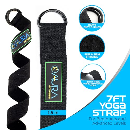 Aura Yoga Strap for Stretching | 7 feet, Yoga Belt with Non-Slip Adjustable D-Ring Buckle | Cotton Webbing stretching stra...