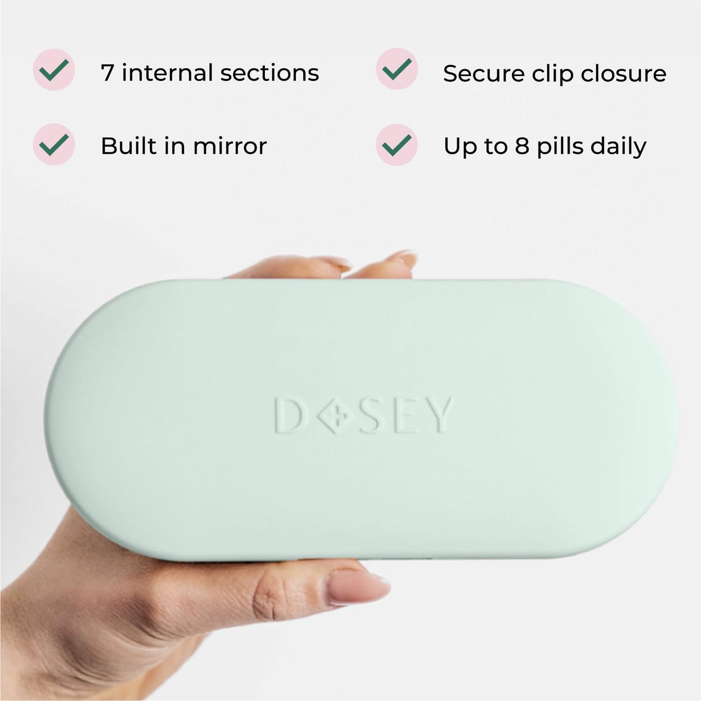 Dosey 7 Day Pill Compact Travel Pill Organizer - Pill Case with 7 Pill Compartments for Medicine Storage & Protection – Stylish & Elegant Medication Organizer with Mirror, Sage