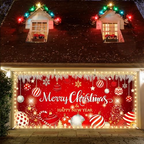 6x13ft Christmas Garage Door Cover Banner Decorations 2025 Happy New Year LED Light String Large Christmas Photo Backdrop ...