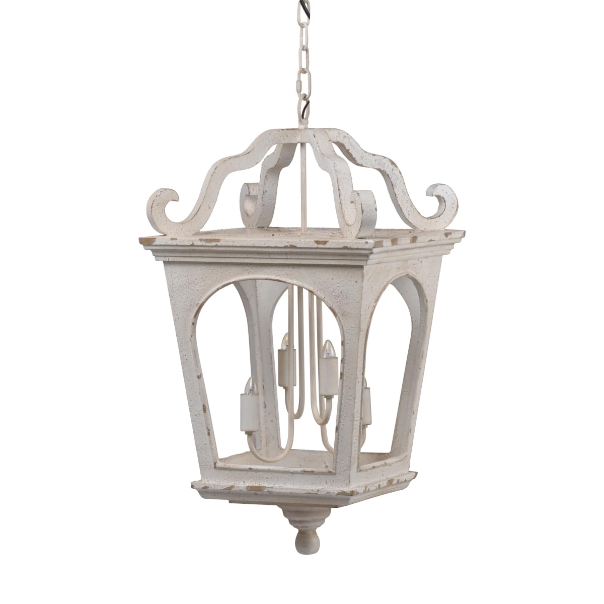 Benzara 16 In. 4 Light Chandelier - Classic Design, Fir Wood & Iron, Distressed White, Model Bm285173