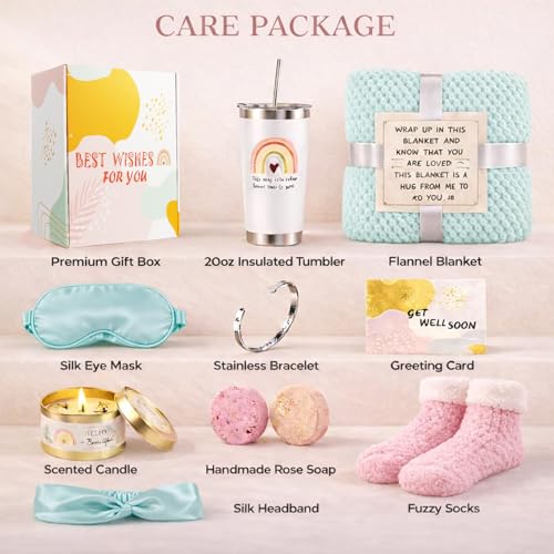 Get Well Soon Care Package for Women, 12 Pcs Deluxe Self-Care Gift Box with Cyan Cozy Blanket, Tumbler, Candle & Spa Feel ...