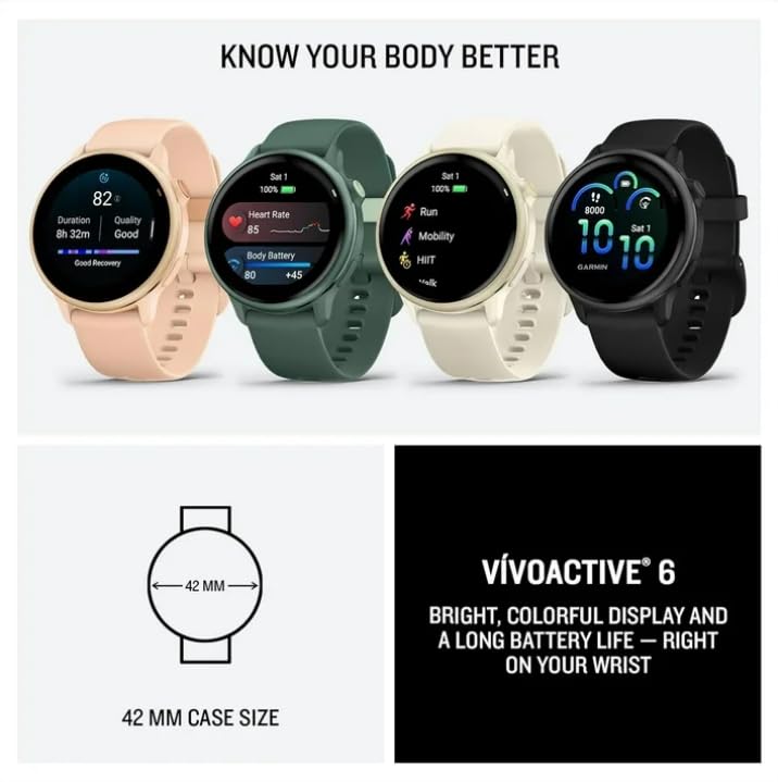 Wearable4U Garmin Vivoactive 6 - Health & Fitness Smartwatch, 1.2 in Bright AMOLED Display, GPS Sports Tracking, Up to 11 Days of Battery, Metallic Pink Dawn & Pink Dawn Band w Black Earbuds Bundle