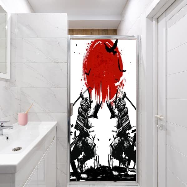 Japanese Samurai Stained Glass Film Watercolor Ink Samurai Sword Red Sun Printwindow Tinting Film for Home,Window Film Stained Glass 35.4Wx78.7L-Inch X1Pcs