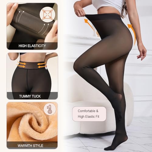 Apriddeo One-Seam Warm Fleece Lined Tights Women Fake Translucent Pantyhose High Waist Thermal Leggings Sheer Winter Tights