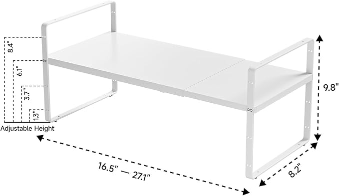 16.5-27’’L Expandable Cabinet Countertop Shelf Organizer, Stackable Metal Shelves, Kitchen Organizers and Storage, White Storage Spice Rack for Pantry and Cupboard