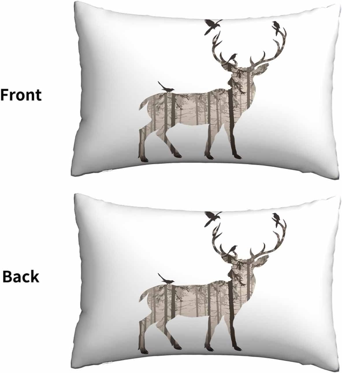 Mugod Rectangle Pillowcase Silhouette of Deer and Pine Bird,Standard Throw Cushion Cover for Bed Couch Sofa Office Decor 20x30 Inches