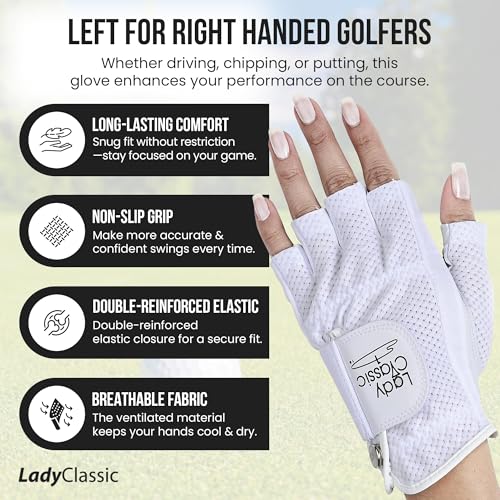 Lady Classic Mesh Half Golf Glove for Women – Premium Cabretta Leather Palm, Breathable Mesh Back, Half-Finger Design Ladi...
