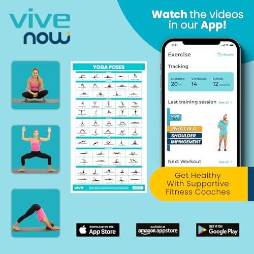 Vive Yoga Poster - Poses for Beginners and Experts - Mat Exercise Home Gym Workout Accessories Set- Double Sided Laminated...