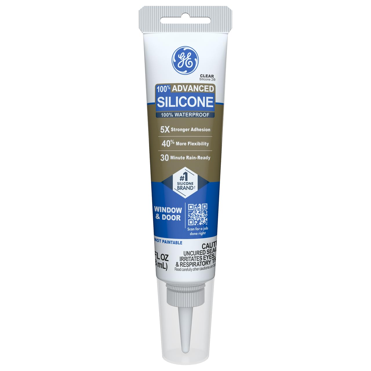 GE Advanced Silicone Caulk for Window & Door, Clear, 2.8 fl oz Tube, 1 Pack - 100% Waterproof Silicone Sealant, 5X Stronger Adhesion, Freeze & Sun Proof