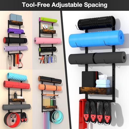 Yoga Mat Holder Wall Mount - Tool-Free Adjustable Yoga Mat Rack Shelf with 6 Rods & Basket, All-in-One Foam Roller Holder ...