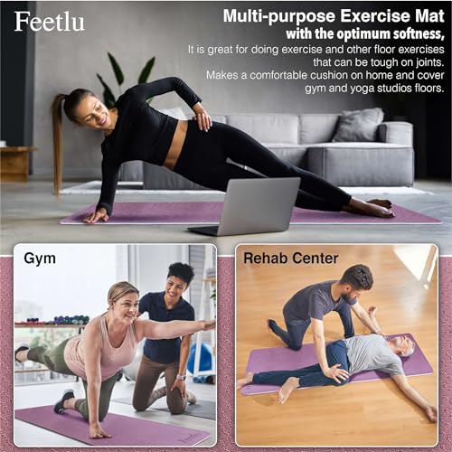 Feetlu Extra Thick Exercise Yoga Mat with Strap - 2/5 Inch (10MM), Non-Slip Workout Mat for Yoga, Pilates, and Floor Exerc...