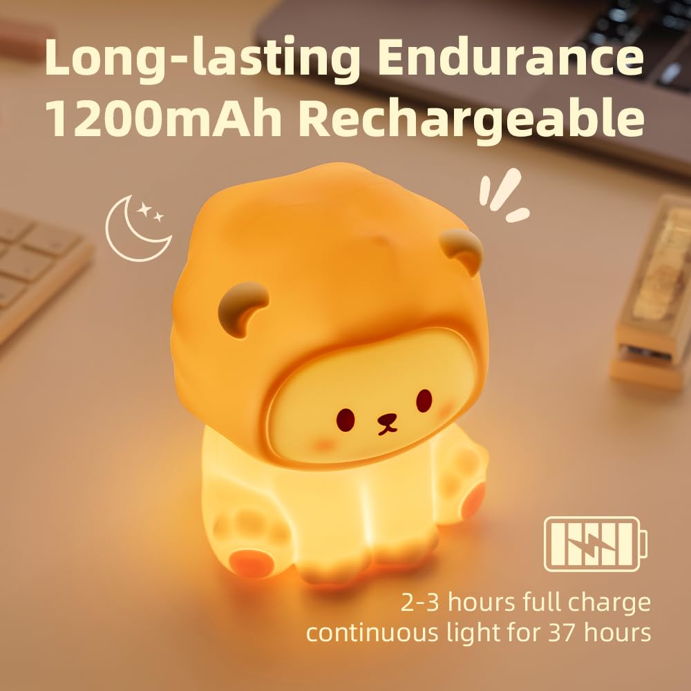 Kinyilo Cute Lion Night Light For Kids  Rechargeable Nursery Lamp With Timer  3 Brightness Levels & Warm Light  Soft Silicone Baby Night Light  Tap Control  Gift For Toddlers