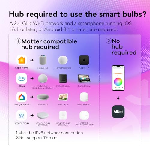 OREiN Matter Smart Light Bulb, Smart Light Bulbs Work with Apple Home, Alexa, Google Home, SmartThings, A19 Color Changing...