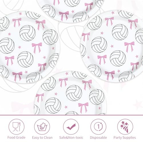 Greencian 50pcs Volleyball Party Decorations 9" Pink Bow Volleyball Birthday Paper Plates Sports Disposable Plates for Gir...