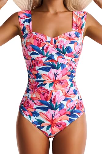 EVOCRCO Womens One Piece Swimsuits Tummy Control Bathing Suits Modest Full Coverage Swimsuit Wide Straps Swimwear