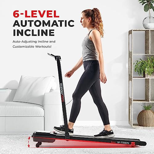 Sunny Health & Fitness Sleek Compact Smart Treadpad Treadmill with 6-Level Auto Incline, Remote Control, Shock Absorption,...