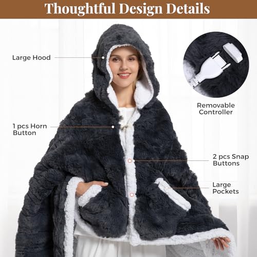 Wearable Heated Blanket Hoodie, Luxury Faux Fur & Sherpa Electric Throw Blanket, Heated Shawl Wraps Poncho with Pockets fo...