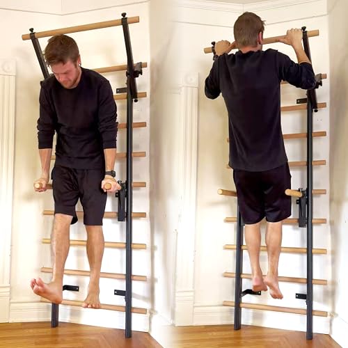 PreGymnastic Stall Bars, Swedish Ladder for Adult and Kids, Wall Bar with Wood Rods, Durable Steel Frame, Adjustable Pull ...