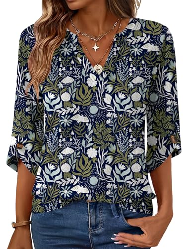 Kistore Womens 3/4 Length Sleeve Tunic Tops Casual V Neck Shirts Business Work Blouses Trendy Flowy Tees