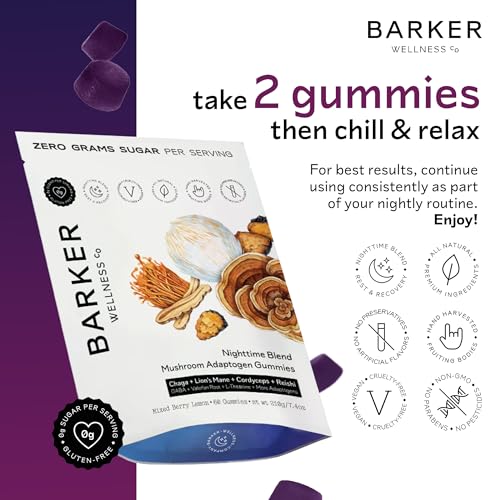 Barker Wellness Nighttime Vegan Sugar-Free Adaptogen Mushroom Gummies – Reishi, Lion's Mane, Chaga, Cordyceps for Calm, Re...
