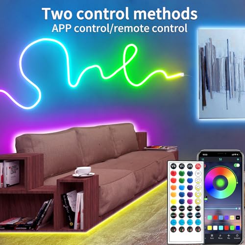 100FT RGB LED neon Rope Lights LED neon Lights with Remote/APP Control 24V IP65 Waterproof Flexible Neon LED Strip Lights ...