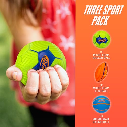 NERF Micro Foam Sports Ball Set - Kids Foam Micro Football, Soccer Ball + Basketball Set Soft Stress Relief Mini Foam Spor...