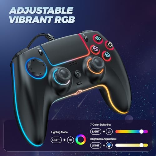 GUOC RGB Wired Controller for PS5/PS4 and PC with Hall Effect Trigger, 3.5mm Audio Jack, Support Tubro/Macro Function, Adj...