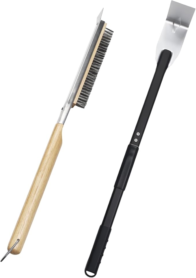 2PCS Pizza Oven Accessories Set, Pizza Brush, Ash Rake with Rubberwood Handle, Durable Pizza Oven Brush and Rake Kit for Deep Cleaning Wood-Fired Ovens