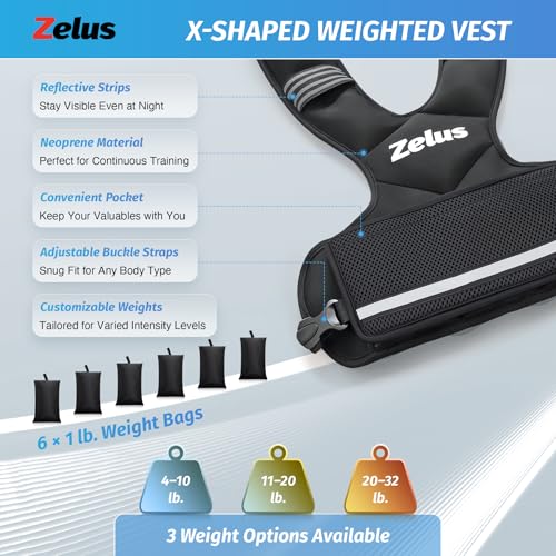 ZELUS Weighted Vest for Men and Women | 4-10lb/11-20lb/20-32lb Vest with 6 Ironsand Weights for Home Workouts | Adjustable...