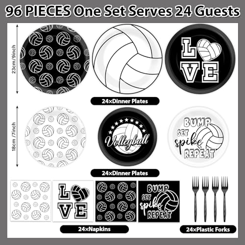 96Pcs Volleyball Birthday Party Decorations Volleyball Paper Plates Napkins Sports Themed Dessert Cake Tableware Set Black...