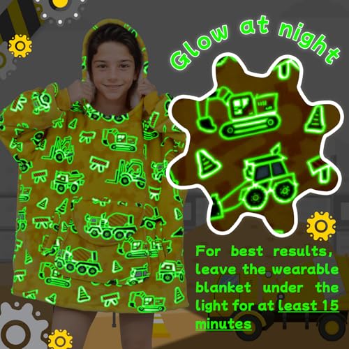 OHOIT Excavator Wearable Blanket Hoodie for Kids 6-10 YR - Glow in The Dark Truck Blanket with Oversized Pocket - Construc...
