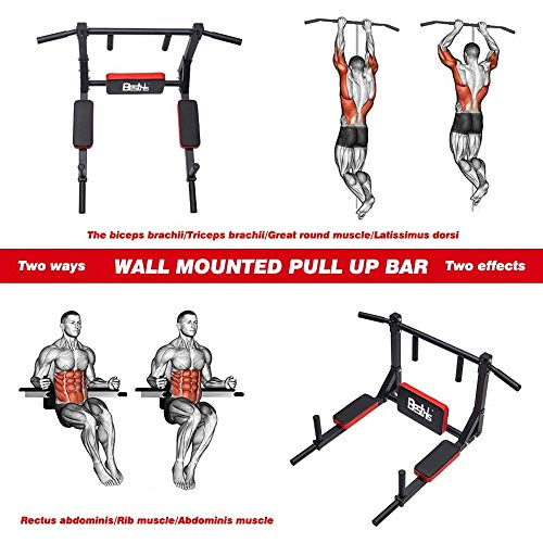 BESTHLS Wall Mounted Pull Up Bar and Dip Station, Heavy Duty Wall Mount Pull-up Chin Up Bar Multifunctional Home Gym Worko...
