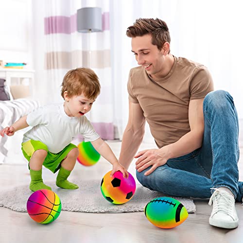 Homotte Rainbow Sports Balls Pack of 4, 1 Each of 8.5" Football, Basketball, Soccer and Volleyball for Playground, Inflata...