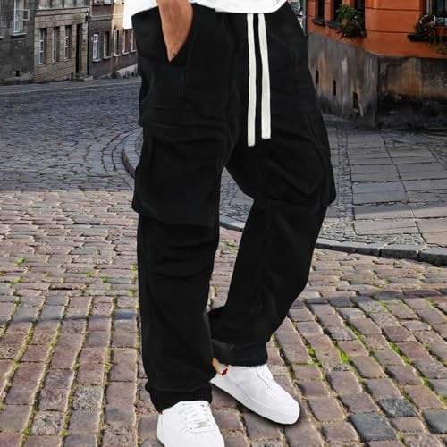 Men Corduroy Cargo Pants 2026 Winter Warm Drawstring Elastic Waist Pants Casual Trendy Solid Regular Fit Lightweight Trousers