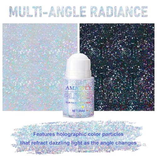 Roll-on Holographic Body Glitter Gel for Face and Hair, Chameleon Color Changing Glitter Gel Under Light, Chunky Mermaid S...