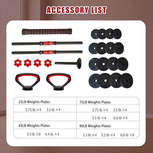 90 LB/75 LB/45 LB/25 LB Adjustable Dumbbells 4-in-1 Dumbbells Set Free Weight Set with Connector – Convert to Barbell, Ket...