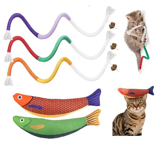 FKKWUOT Cat Chew Rope Toy,Catnip Saury Fish Toys,Cats Interactive Toys for Teeth Cleaning,5Pcs Cat Toys for Indoor Cats wi...